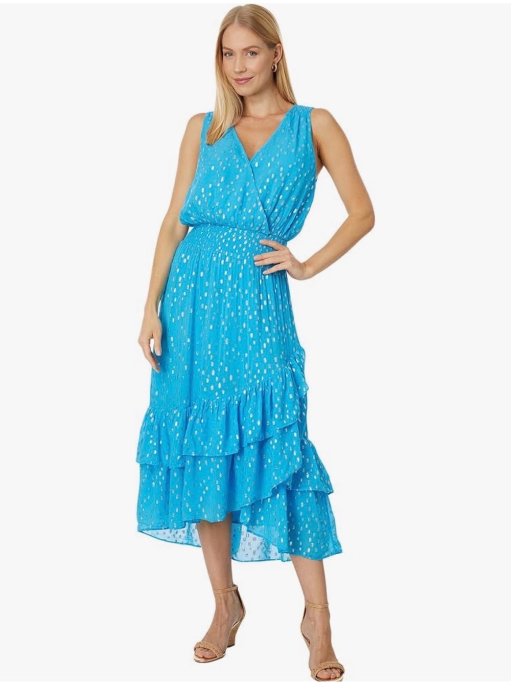 Lilly Pulitzer Teal Sleeveless Smocked Waist Dress with Metallic Dot Print